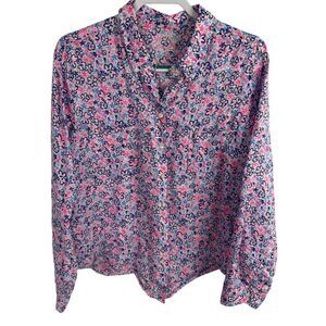 Lilly Pulitzer Women's Sea View Button Up Shirt Size Large Floral Print Linen